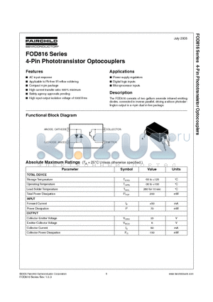 FOD816 datasheet - 4-Pin Phototransistor Optocouplers