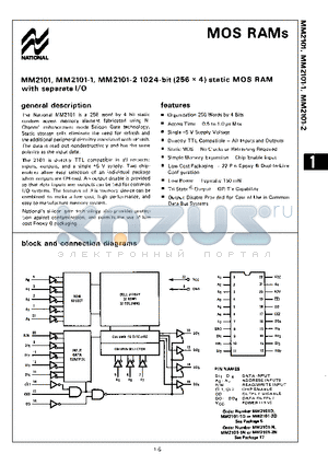 MM2101 datasheet - 1024-bit (256 x 4) static MOS RAM with separate I/O