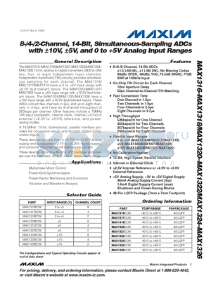 MAX1318ECM datasheet - 8-/4-/2-Channel, 14-Bit, Simultaneous-Sampling ADCs with a10V, a5V, and 0 to 5V Analog Input Ranges
