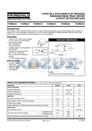 FODM3010 datasheet - 4-PIN FULL PITCH MINI-FLAT PACKAGE RANDOM-PHASE TRIAC DRIVER OUTPUT OPTOCOUPLERS