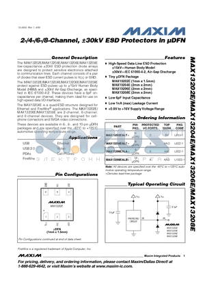 MAX13204EALT+ datasheet - 2-/4-/6-/8-Channel, a30kV ESD Protectors in lDFN