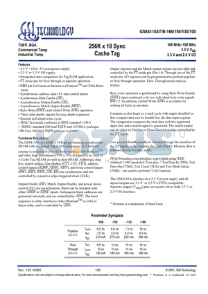 GS84118AB-133 datasheet - 256K x 18 Sync Cache Tag