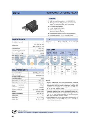 JE12A48HTB2R datasheet - HIGH POWER LATCHING RELAY