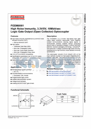 FODM8061_10 datasheet - High Noise Immunity, 3.3V/5V, 10Mbit/sec Logic Gate Output (Open Collector) Optocoupler