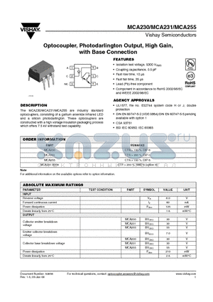 MCA230 datasheet - Optocoupler, Photodarlington Output, High Gain, with Base Connection