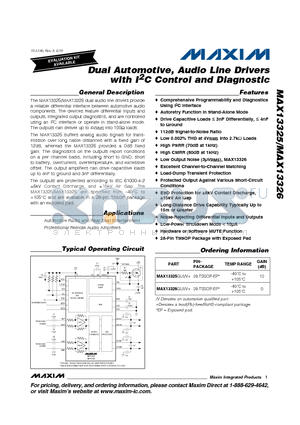 MAX13325GUI/V+ datasheet - Dual Automotive, Audio Line Drivers with I2C Control and Diagnostic