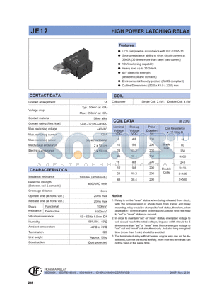 JE12B12HTF1 datasheet - HIGH POWER LATCHING RELAY