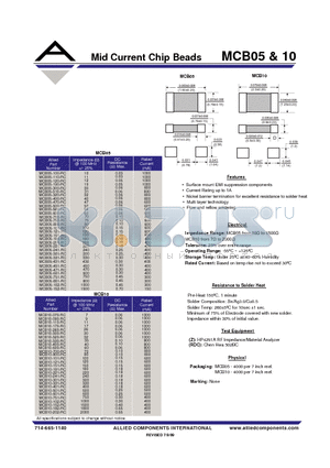 MCB05-101-RC datasheet - Mid Current Chip Bead s