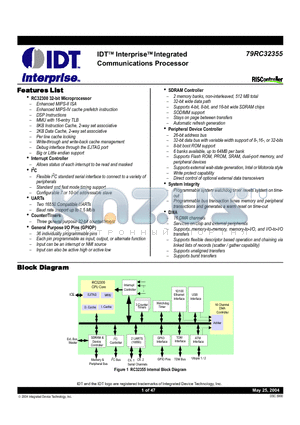 IDT79RC32T355-133DH datasheet - IDT Interprise Integrated Communications Processor