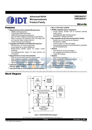 IDT79RC64T574-250DP datasheet - Advanced 64-bit Microprocessors Product Family