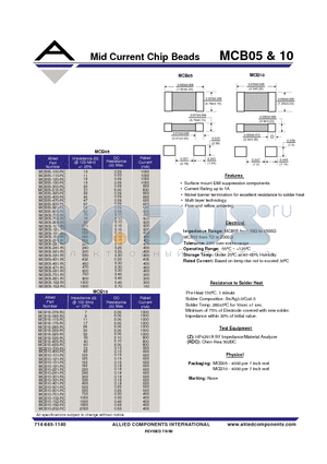 MCB05-750-RC datasheet - Mid Current Chip Bead s