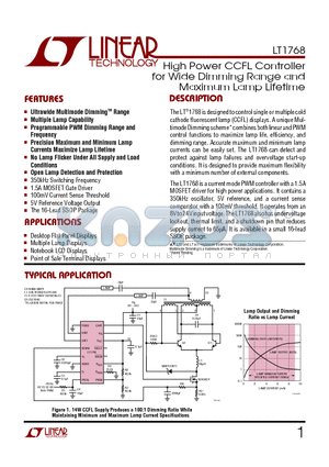 LT1768 datasheet - High Power CCFL Controller for Wide Dimming Range and Maximum Lamp Lifetime