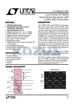 LT1781 datasheet - Low Power 5V RS232 Dual Driver/Receiver with a15kV ESD Protection