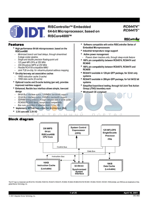 IDT79RC64V475-250DZ datasheet - RISControllerTM Embedded 64-bit Microprocessor, based on