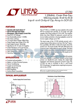 LT1783 datasheet - 1.25MHz, Over-The-Top Micropower, Rail-to-Rail Input and Output Op Amp in SOT-23