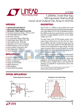LT1783_1 datasheet - 1.25MHz, Over-The-Top Micropower, Rail-to-Rail Input and Output Op Amp in SOT-23