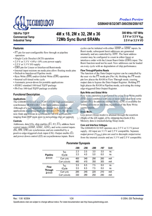 GS864032GT-250 datasheet - 4M x 18, 2M x 32, 2M x 36 72Mb Sync Burst SRAMs