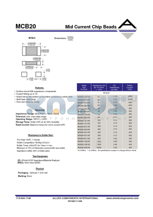 MCB20-102-RC datasheet - Mid Current Chip Beads