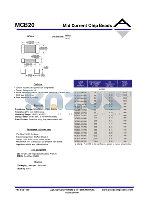 MCB20-121-RC datasheet - Mid Current Chip Beads