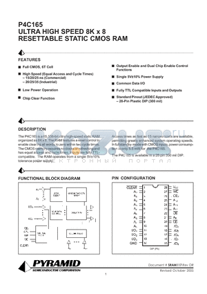 P4C165-25PI datasheet - ULTRA HIGH SPEED 8K x 8 RESETTABLE STATIC CMOS RAM