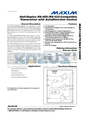 MAX13487EESA+ datasheet - Half-Duplex RS-485-/RS-422-Compatible Transceiver with AutoDirection Control