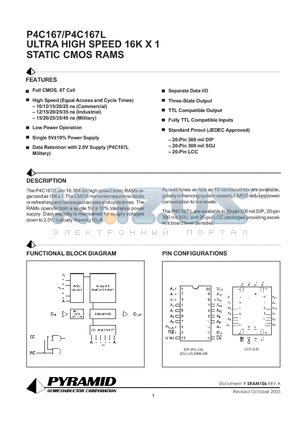 P4C167-10PC datasheet - ULTRA HIGH SPEED 16K X 1 STATIC CMOS RAMS