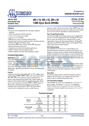 GS8640E18T-V datasheet - 4M x 18, 2M x 32, 2M x 36 72Mb Sync Burst SRAMs