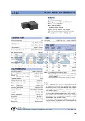 JE22AH1NTB22R datasheet - HIGH POWER LATCHING RELAY