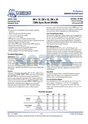 GS8640E36T-167IV datasheet - 4M x 18, 2M x 32, 2M x 36 72Mb Sync Burst SRAMs