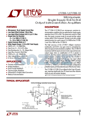 LT1789-1 datasheet - Micropower, Single Supply Rail-to-Rail Output Instrumentation Amplifiers