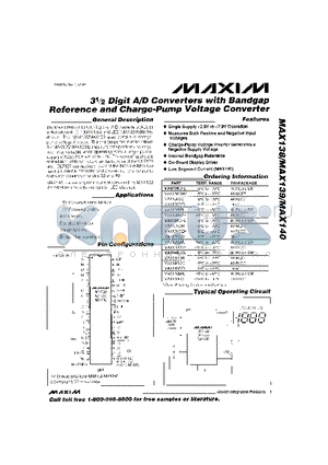 MAX138 datasheet - 3mDigit A/D Converters with Bandgap Refrence and Charge-Pump Voltage Converter