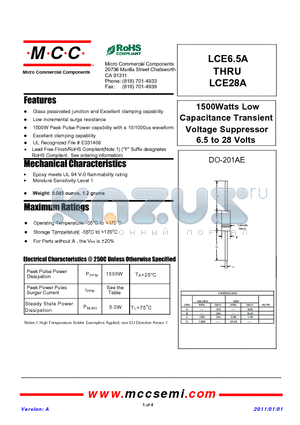 LCE17A datasheet - 1500Watts Low Capacitance Transient Voltage Suppressor 6.5 to 28 Volts