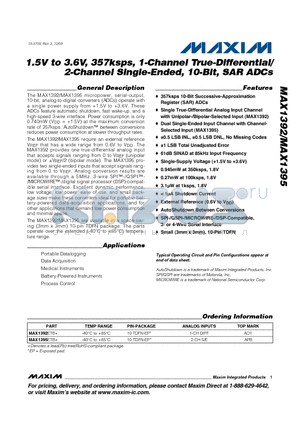 MAX1392ETB+ datasheet - 1.5V to 3.6V, 357ksps, 1-Channel True-Differential/ 2-Channel Single-Ended, 10-Bit, SAR ADCs