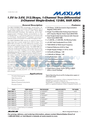 MAX1393 datasheet - 1.5V to 3.6V, 312.5ksps, 1-Channel True-Differential/ 2-Channel Single-Ended, 12-Bit, SAR ADCs