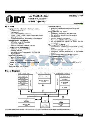 IDT79RV4640-200DZ datasheet - Low-Cost Embedded 64-bit RISController w/ DSP Capability