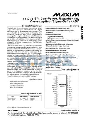 MAX1400EAI datasheet - %V, 18-Bit, Low-Power, Multichannel, Oversampling Sigma-Delta ADC