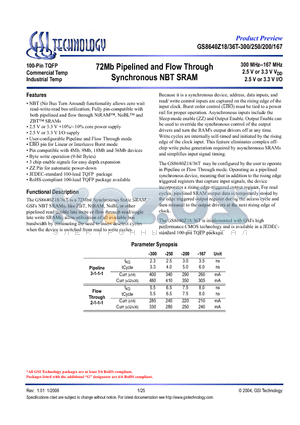 GS8640Z18T-250 datasheet - 72Mb Pipelined and Flow Through Synchronous NBT SRAM