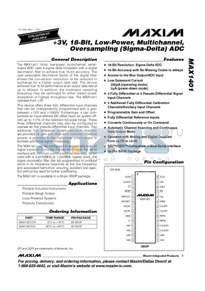 MAX1401CAI datasheet - 3V, 18-Bit, Low-Power, Multichannel, Oversampling (Sigma-Delta) ADC