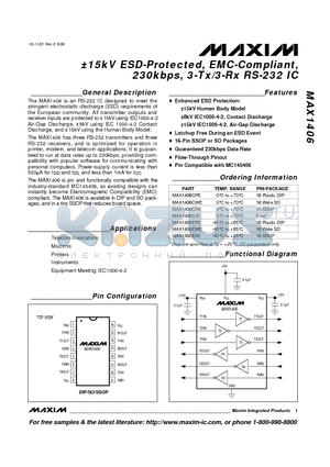 MAX1406CPE datasheet - a15kV ESD-Protected, EMC-Compliant, 230kbps, 3-Tx/3-Rx RS-232 IC
