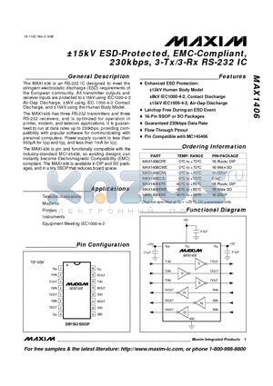 MAX1406EWE datasheet - a15kV ESD-Protected, EMC-Compliant, 230kbps, 3-Tx/3-Rx RS-232 IC