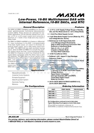 MAX1407 datasheet - Low-Power, 16-Bit Multichannel DAS with Internal Reference,10-Bit DACs, and RTC