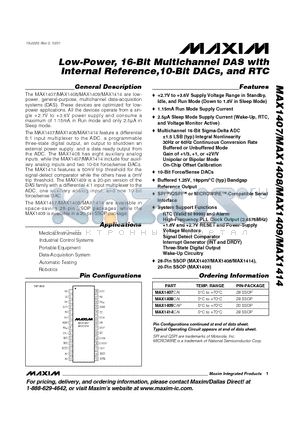 MAX1407CAI datasheet - Low-Power, 16-Bit Multichannel DAS with Internal Reference,10-Bit DACs, and RTC