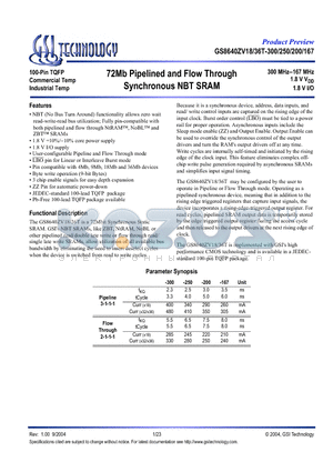 GS8640ZV18GT-200 datasheet - 72Mb Pipelined and Flow Through Synchronous NBT SRAM
