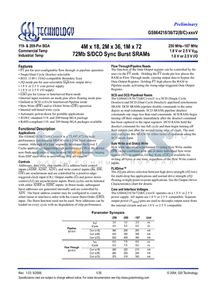 GS864218GB-250IV datasheet - 4M x 18, 2M x 36, 1M x 72 72Mb S/DCD Sync Burst SRAMs