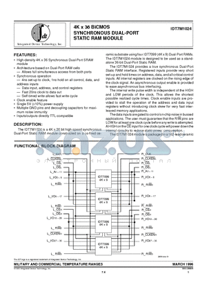 IDT7M1024 datasheet - 4K x 36 BiCMOS SYNCHRONOUS DUAL-PORT STATIC RAM MODULE