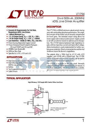 LT1794CFE datasheet - Dual 500mA, 200MHz xDSL Line Driver Amplifier