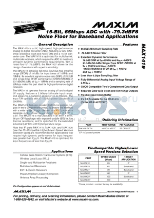 MAX1419ETN datasheet - 15-Bit, 65Msps ADC with -79.3dBFS Noise Floor for Baseband Applications