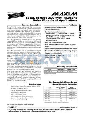 MAX1418ETN datasheet - 15-Bit, 65Msps ADC with -78.2dBFS Noise Floor for IF Applications