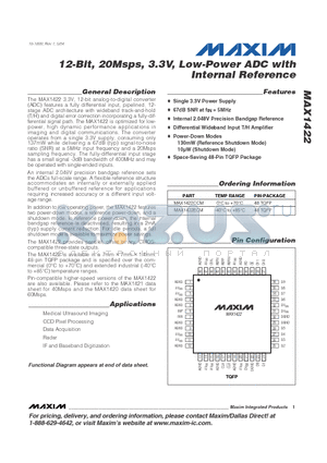 MAX1422ECM datasheet - 12-Bit, 20Msps, 3.3V, Low-Power ADC with  Internal Reference