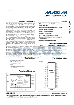 MAX1426EAI+ datasheet - 10-Bit, 10Msps ADC